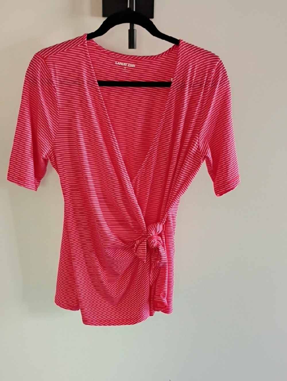 Lands' End Pink & White Striped Wrap Tie Short Sleeve Top